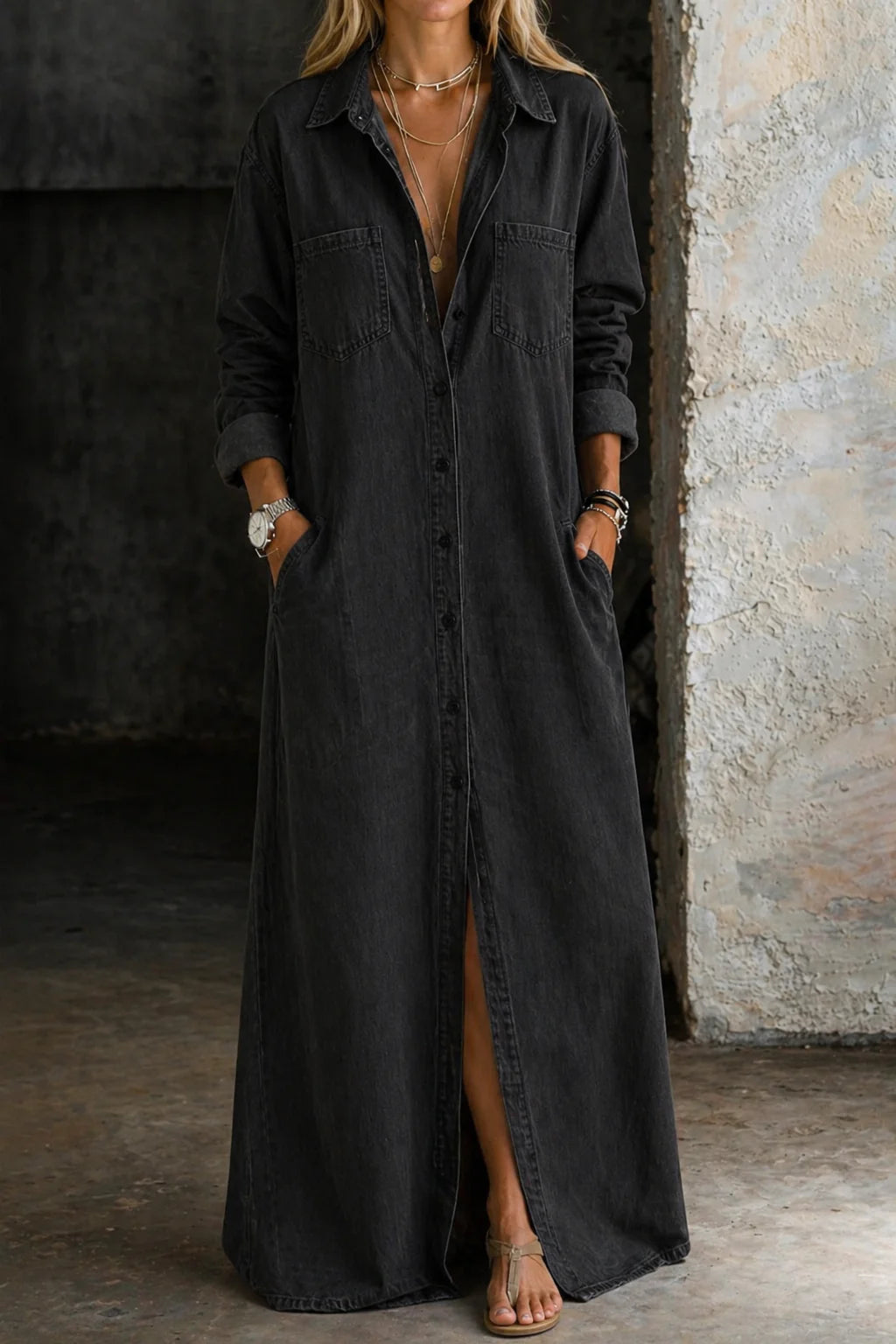 Ondine™ | Button-Front Denim Maxi Dress