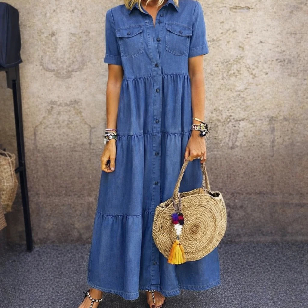Salomé™ | Chambray Button-Front Tiered Maxi Dress