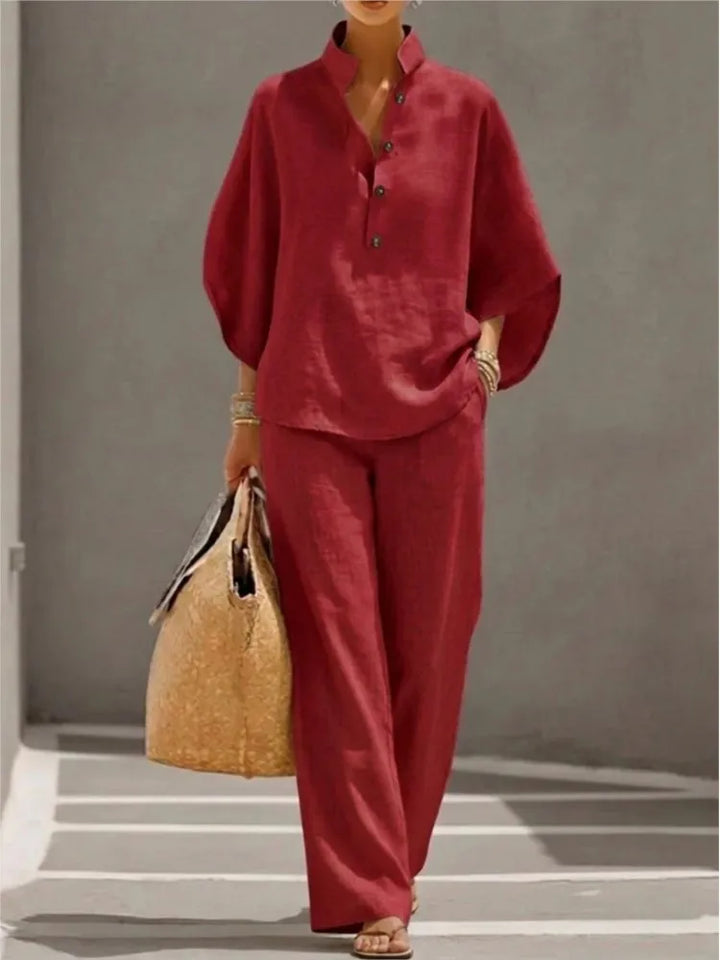 Seren™ | Linen Stand-Collar Wide-Leg Set