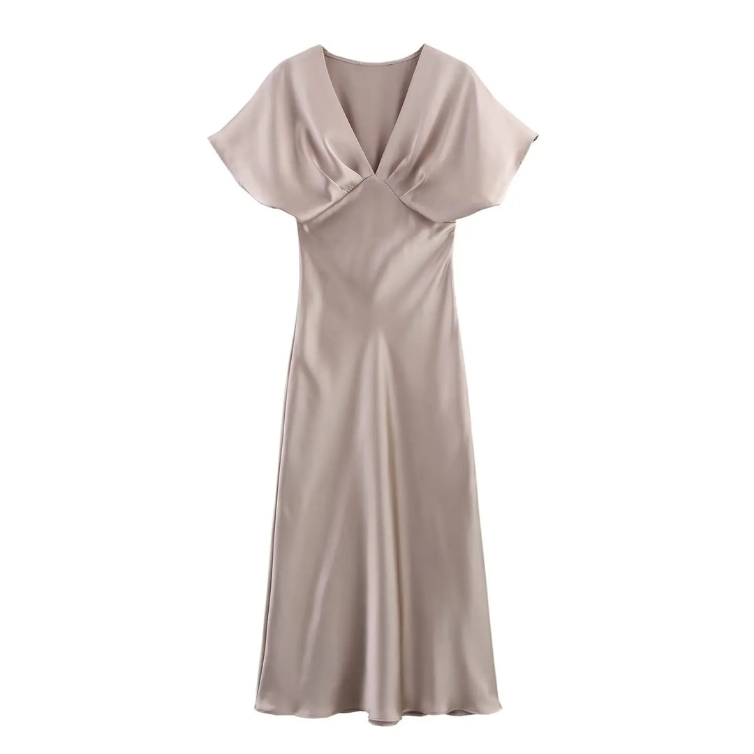 Solange™ | Sleek Satin V-Neck Midi Dress