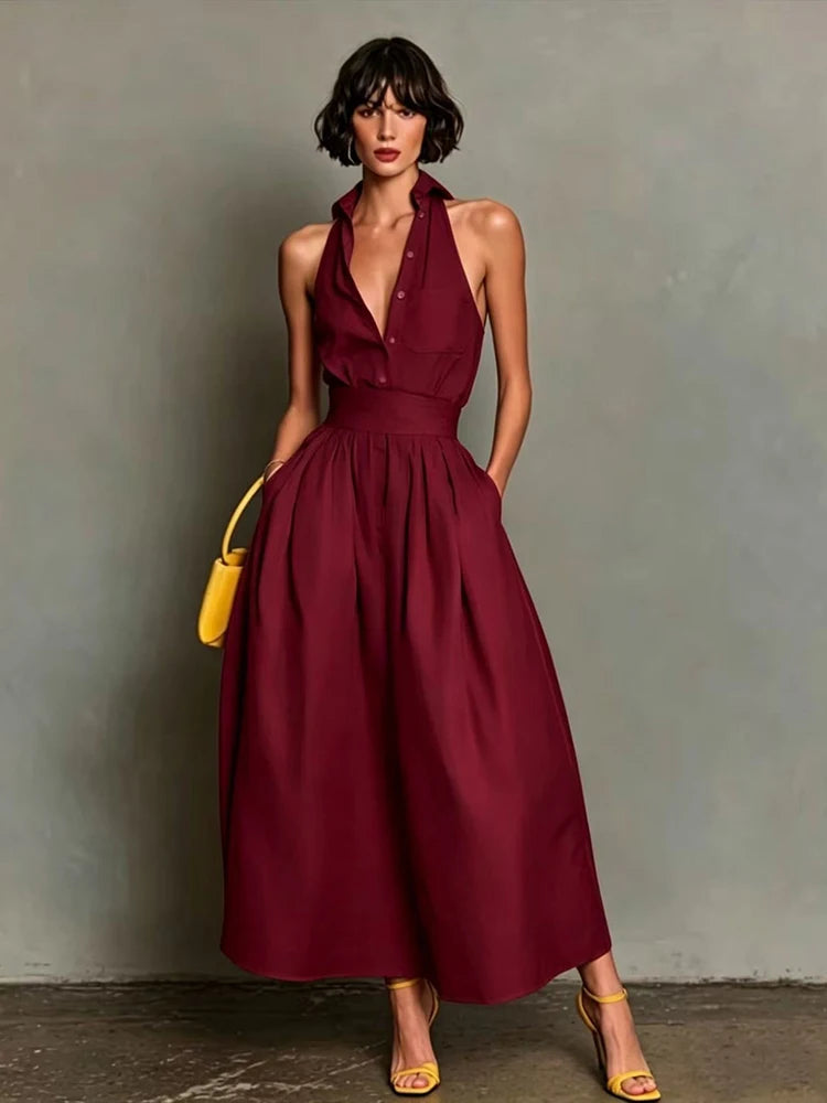 Cécile™ | Halter Shirt-Collar Maxi Dress