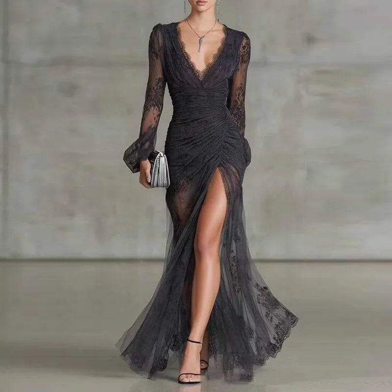 Odile™ | Long Black Lace Dress with Dramatic Slit