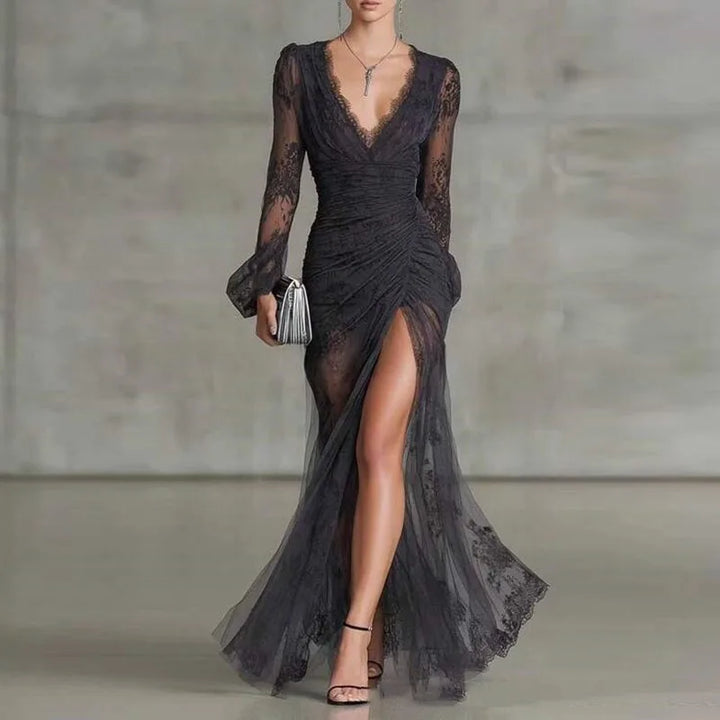 Odile™ | Long Black Lace Dress with Dramatic Slit