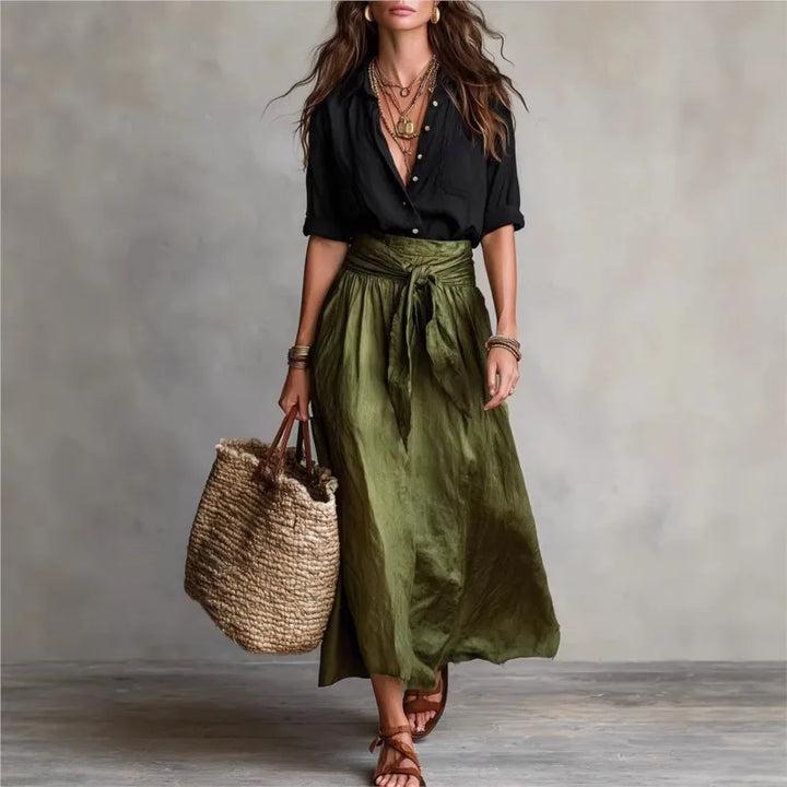 River™ | Two-Piece Set Black Top &amp; Olive Green Midi Skirt