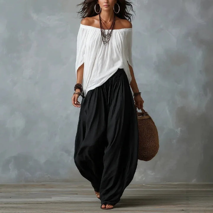 Bernadette™ | Off-Shoulder Blouse &amp; Wide-Leg Harem Pants Set
