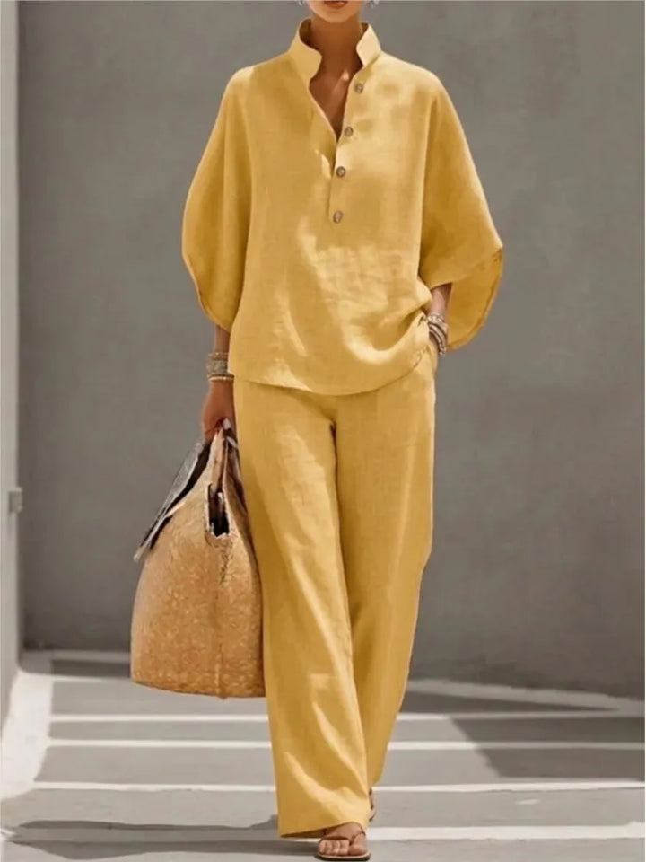 Seren™ | Linen Stand-Collar Wide-Leg Set