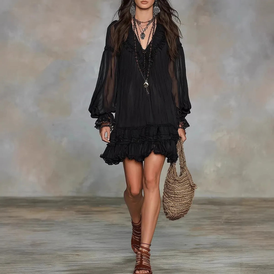 Odalie™ | Lace Patchwork Ruffle Mini Dress