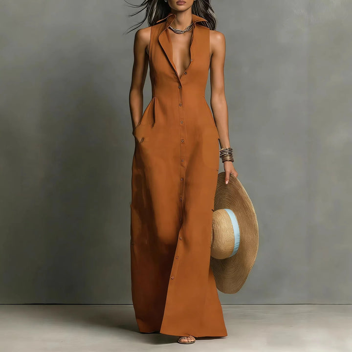 Léonie™ | Button-Front V-Neck Maxi Dress