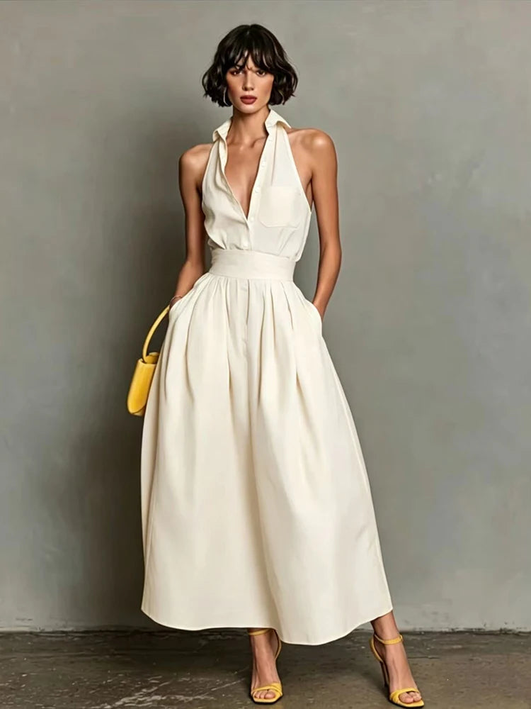 Cécile™ | Halter Shirt-Collar Maxi Dress