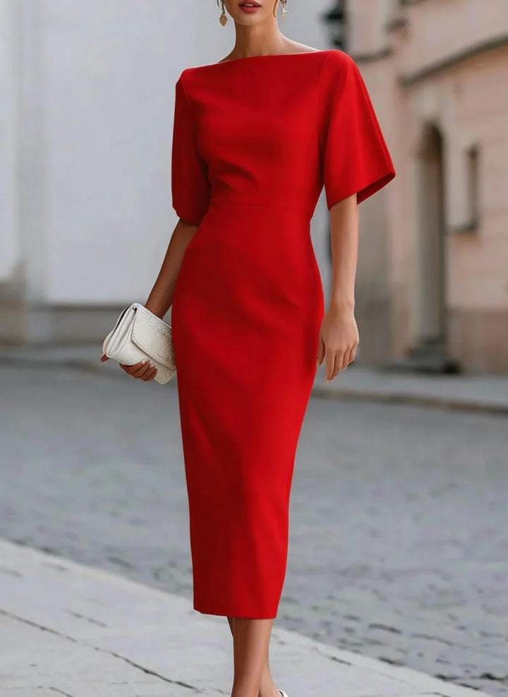 Élise™ | Boat Neck Fitted Midi Dress