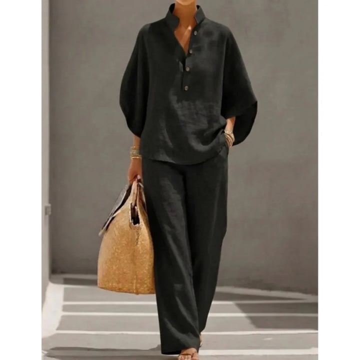 Seren™ | Linen Stand-Collar Wide-Leg Set