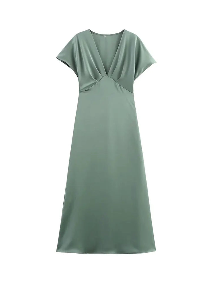 Solange™ | Sleek Satin V-Neck Midi Dress