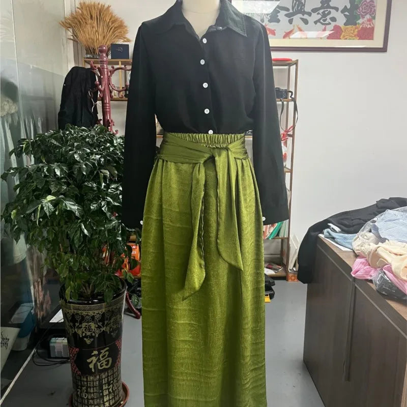 River™ | Two-Piece Set Black Top &amp; Olive Green Midi Skirt