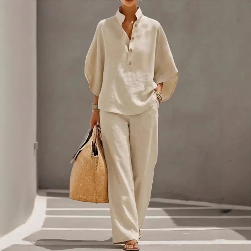 Seren™ | Linen Stand-Collar Wide-Leg Set
