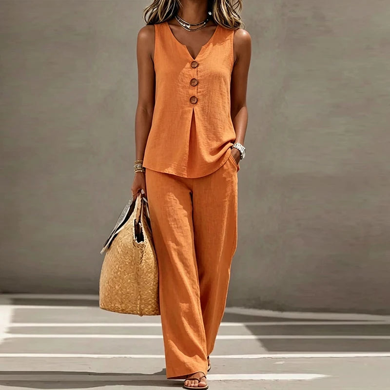 Iria™ | V-Neck Button Vest &amp; Wide-Leg Pants Set