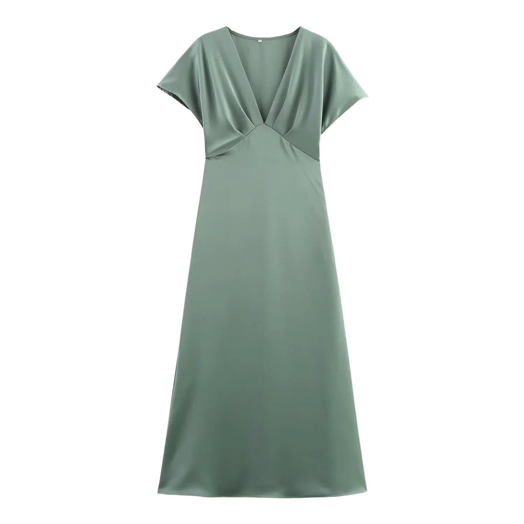 Solange™ | Sleek Satin V-Neck Midi Dress