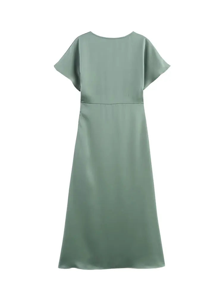 Solange™ | Sleek Satin V-Neck Midi Dress