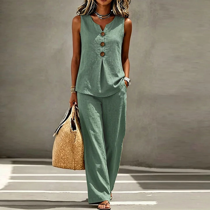Iria™ | V-Neck Button Vest &amp; Wide-Leg Pants Set