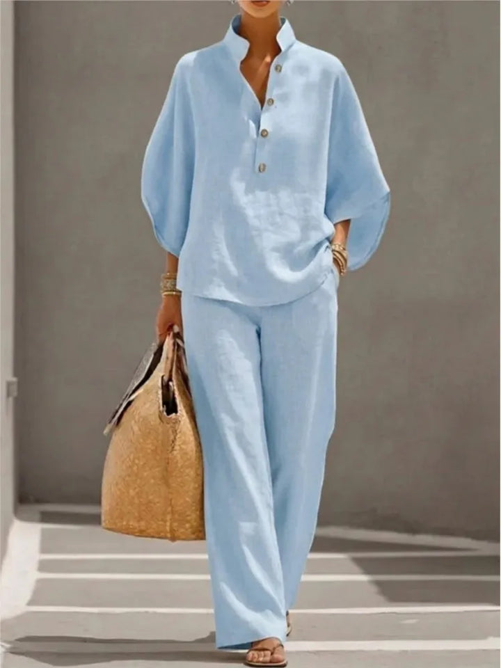 Seren™ | Linen Stand-Collar Wide-Leg Set