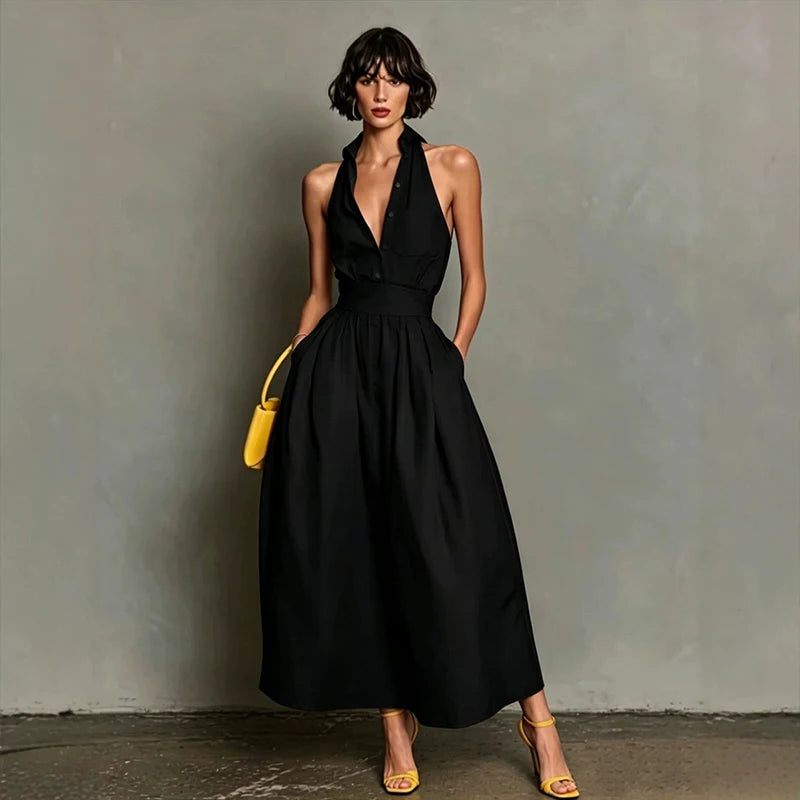 Cécile™ | Halter Shirt-Collar Maxi Dress