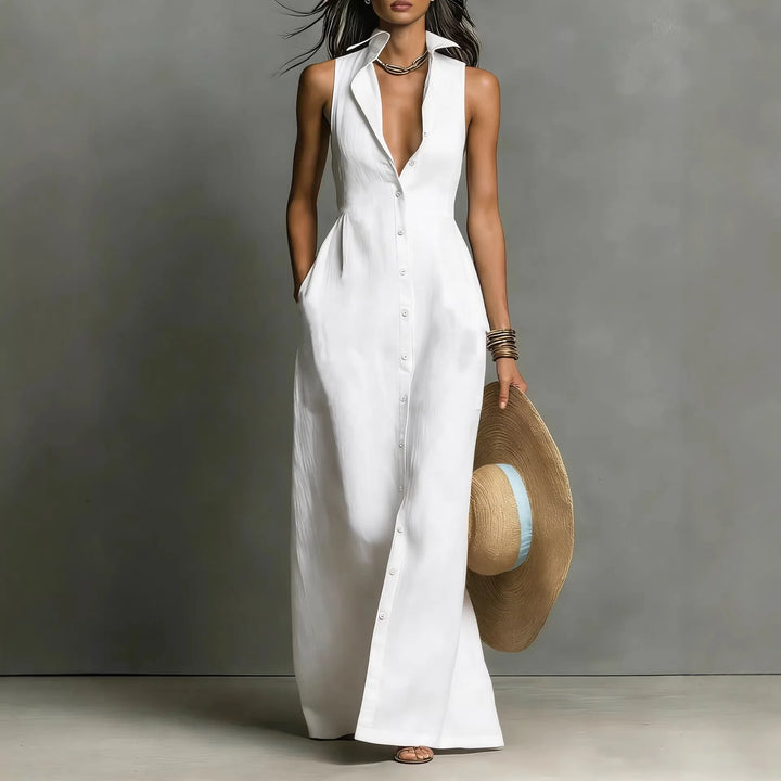 Léonie™ | Button-Front V-Neck Maxi Dress