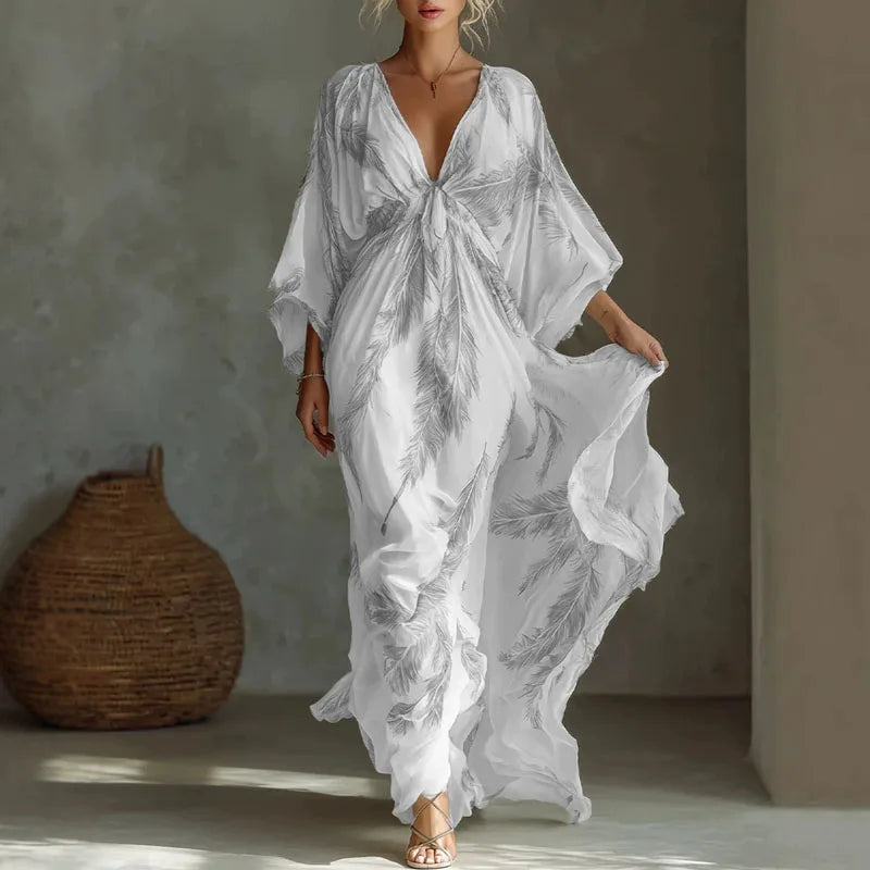 Delphine™ | V-Neck Batwing Print Chiffon Maxi Dress