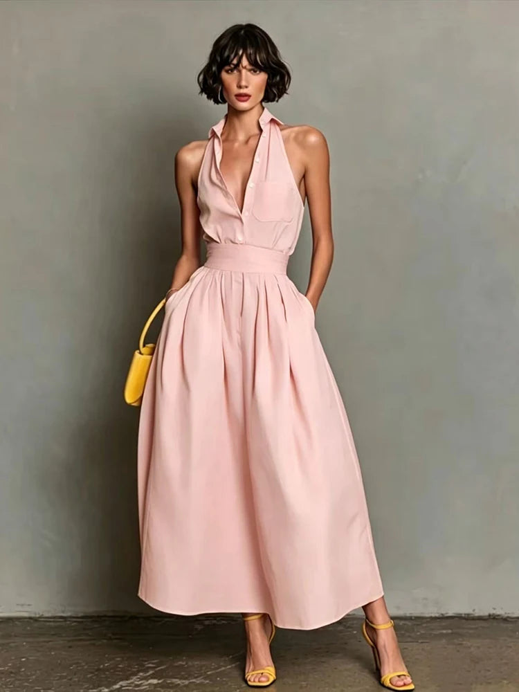 Cécile™ | Halter Shirt-Collar Maxi Dress