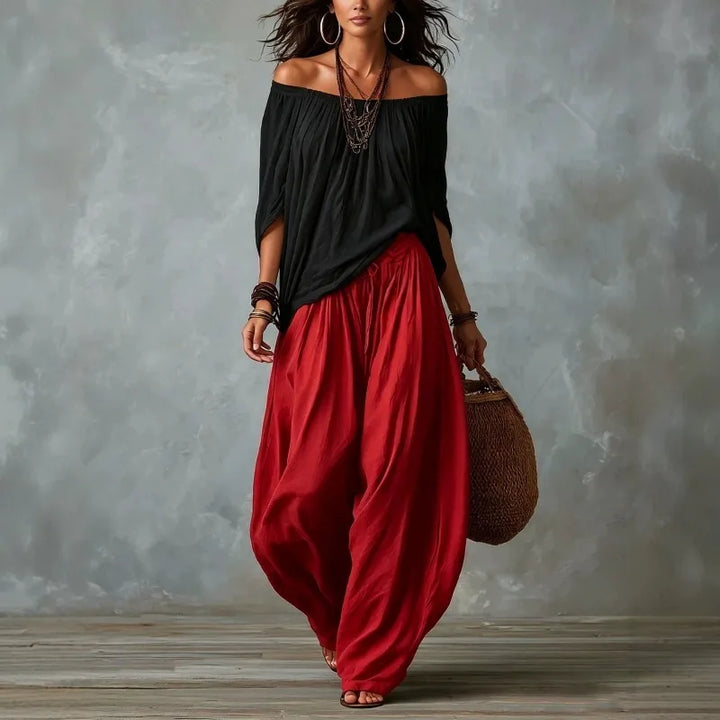 Bernadette™ | Off-Shoulder Blouse &amp; Wide-Leg Harem Pants Set
