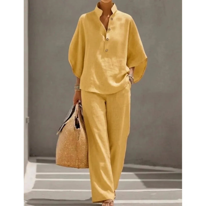 Seren™ | Linen Stand-Collar Wide-Leg Set
