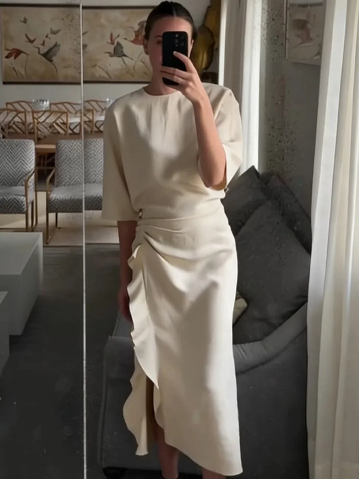 Cassandre™ | Pleated Button Waist Midi Dress