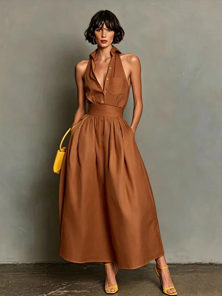 Cécile™ | Halter Shirt-Collar Maxi Dress
