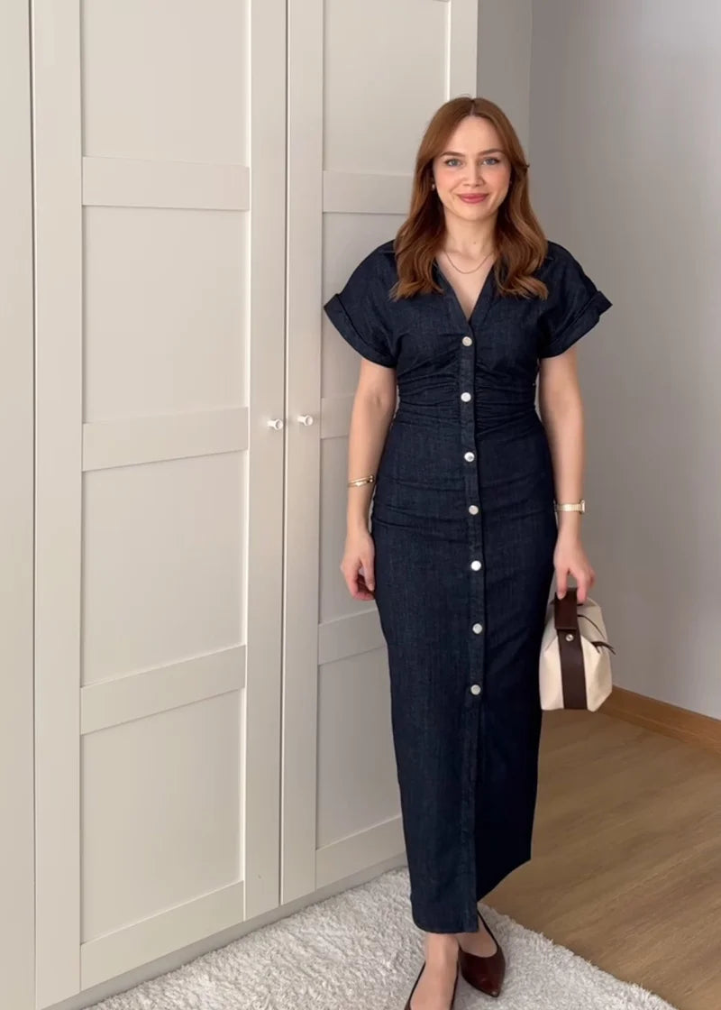 Noémie™ | Slim Waist Denim Midi Dress