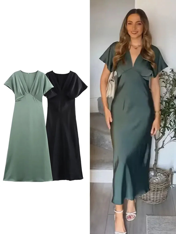 Solange™ | Sleek Satin V-Neck Midi Dress