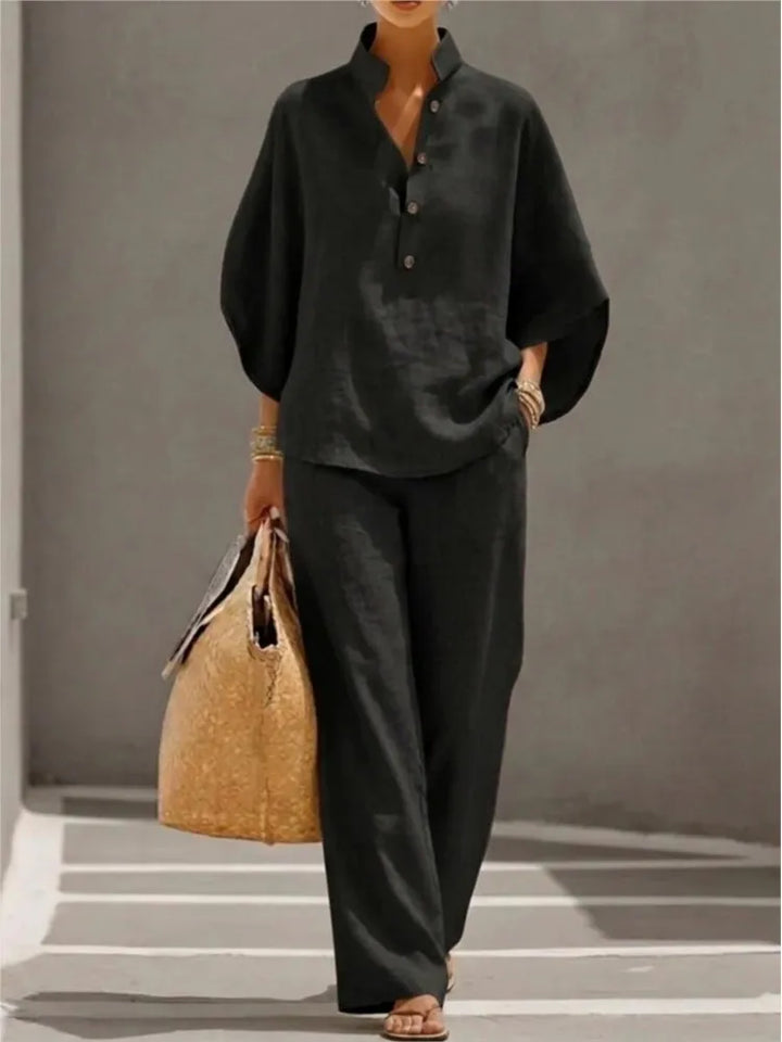 Seren™ | Linen Stand-Collar Wide-Leg Set