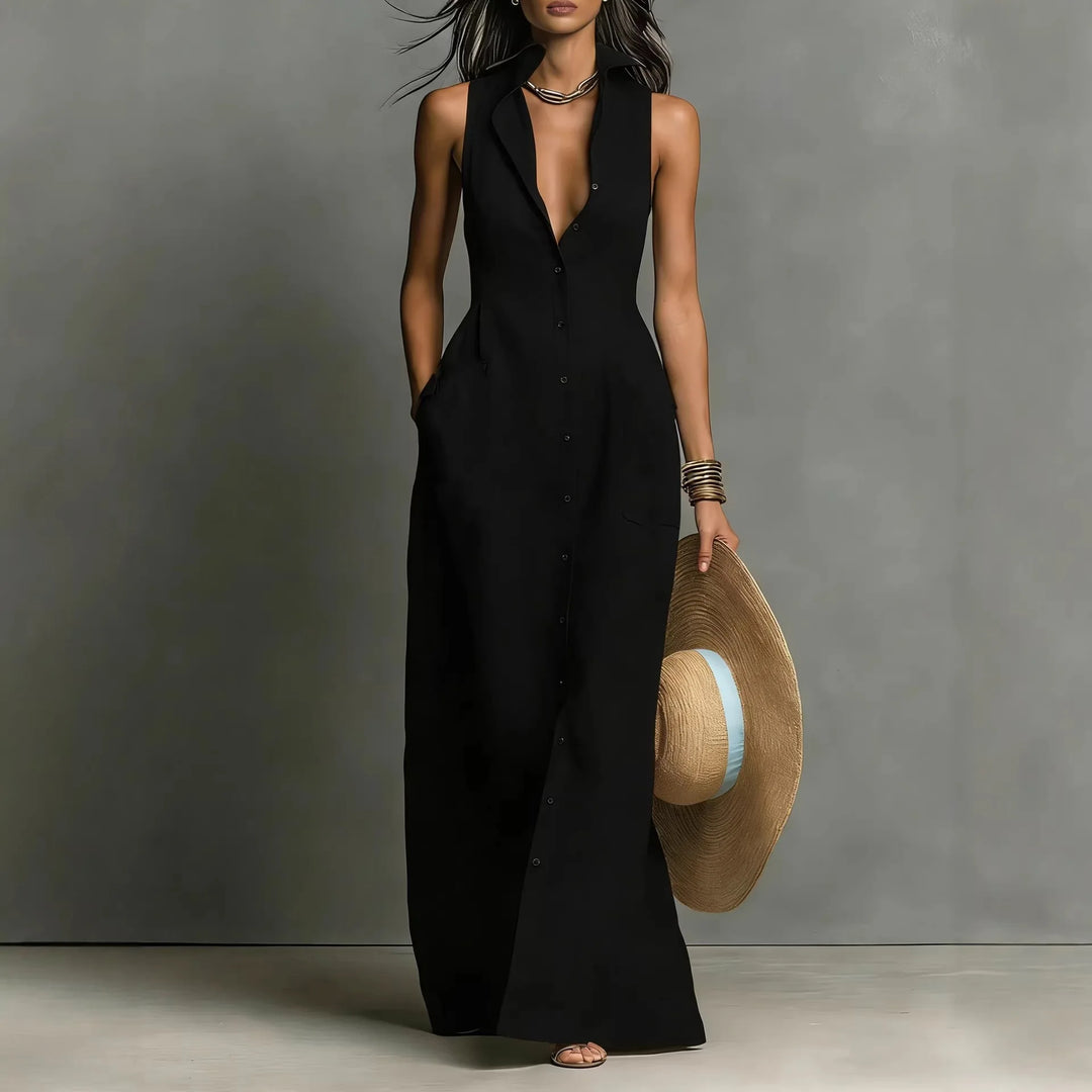 Léonie™ | Button-Front V-Neck Maxi Dress