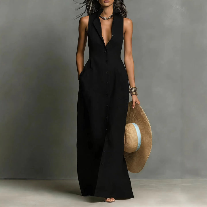 Léonie™ | Button-Front V-Neck Maxi Dress