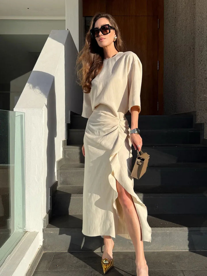 Cassandre™ | Pleated Button Waist Midi Dress
