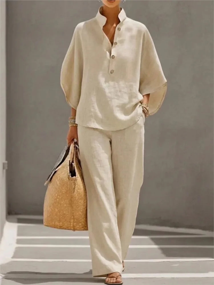 Seren™ | Linen Stand-Collar Wide-Leg Set