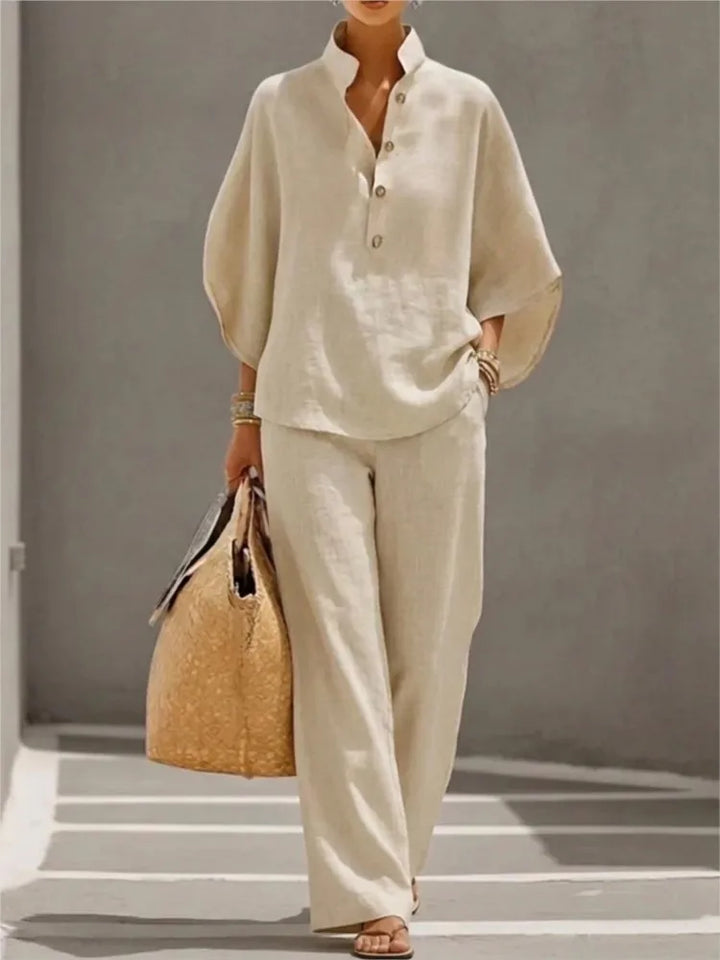 Seren™ | Linen Stand-Collar Wide-Leg Set