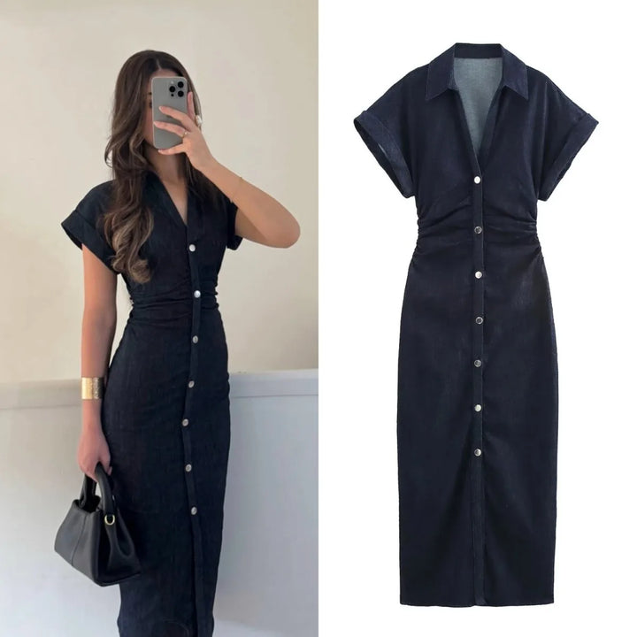 Noémie™ | Slim Waist Denim Midi Dress