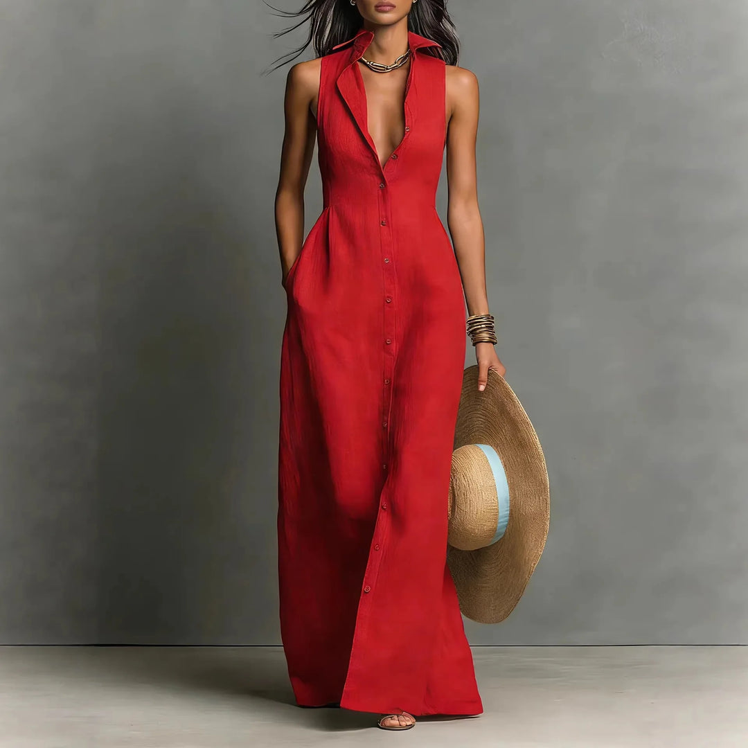 Léonie™ | Button-Front V-Neck Maxi Dress