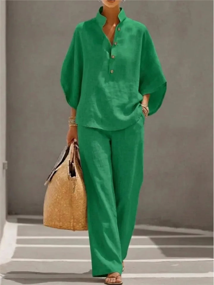 Seren™ | Linen Stand-Collar Wide-Leg Set