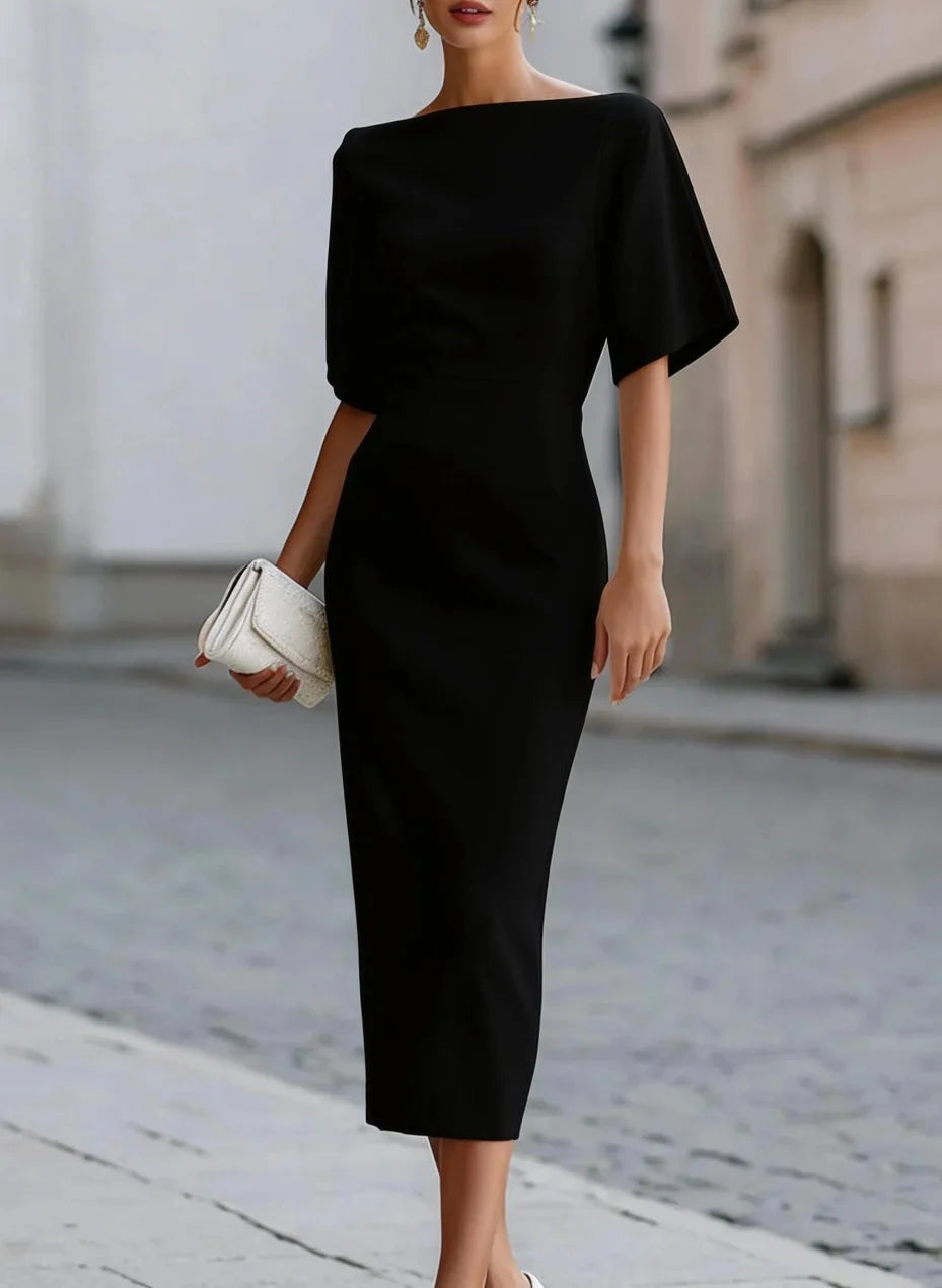 Élise™ | Boat Neck Fitted Midi Dress