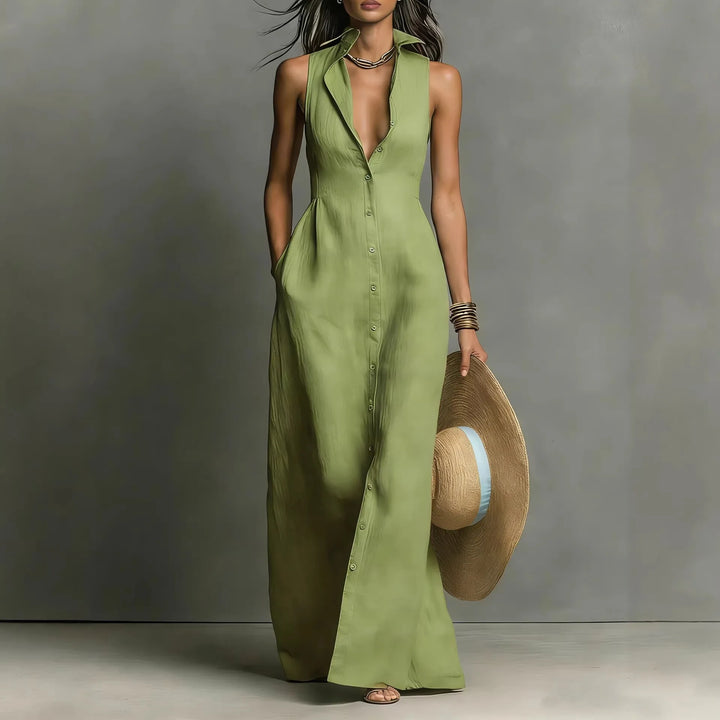 Léonie™ | Button-Front V-Neck Maxi Dress
