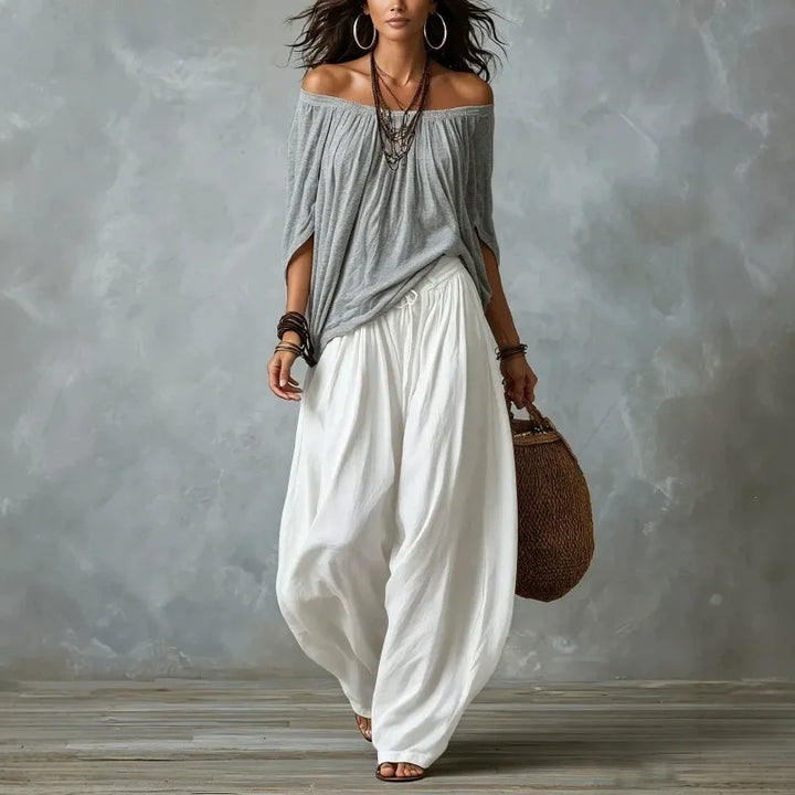 Bernadette™ | Off-Shoulder Blouse &amp; Wide-Leg Harem Pants Set