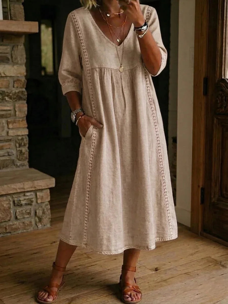 Vivienne™ | Lace V-Neck Pocket Midi Dress