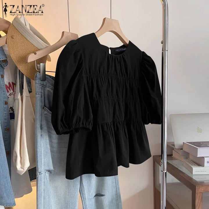 Nathalie™ | Ruffled Round-Neck Tunic Blouse