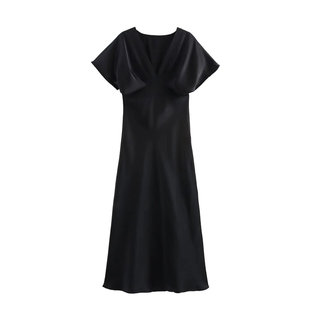 Solange™ | Sleek Satin V-Neck Midi Dress