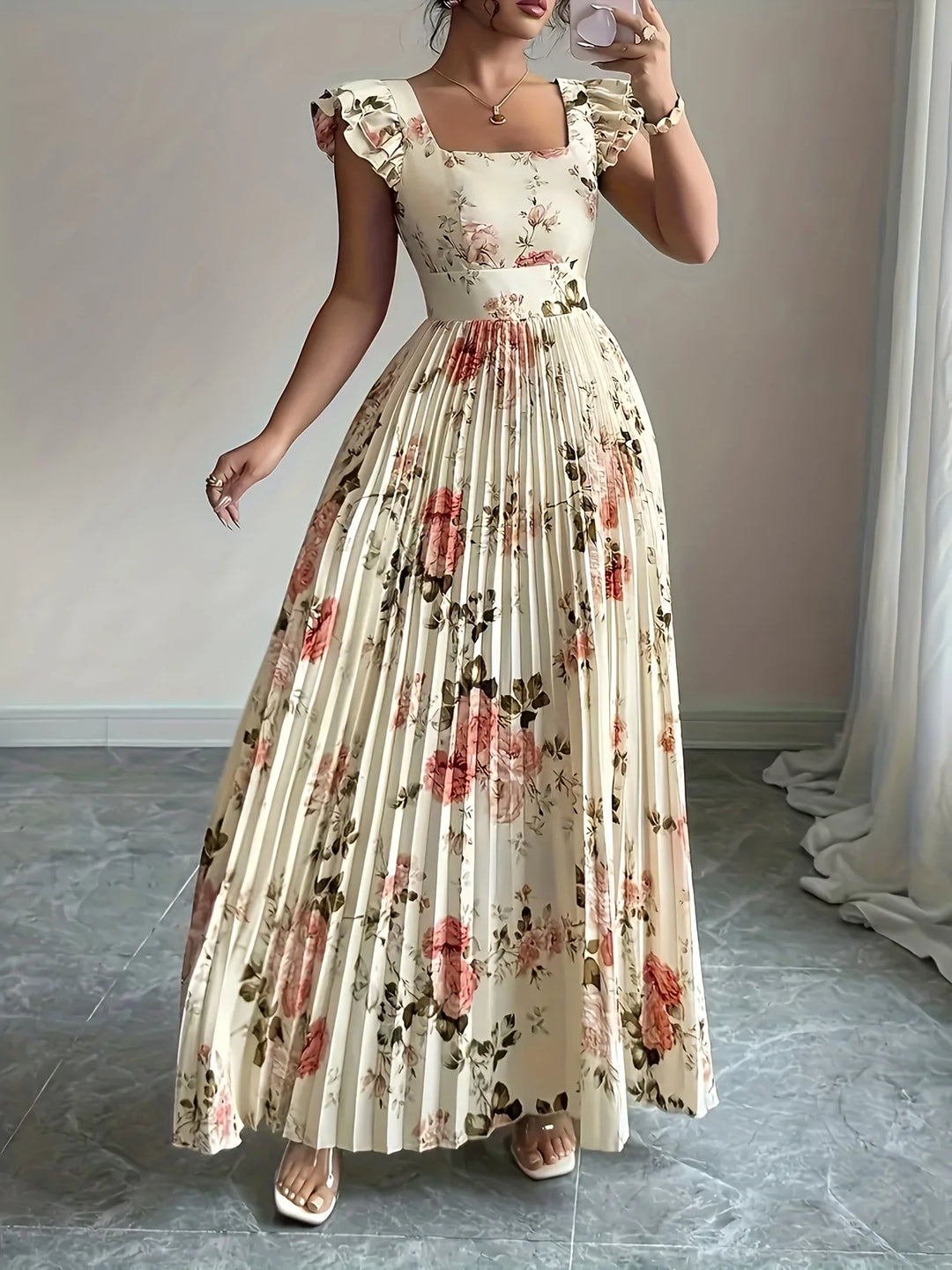 Théa™ | Beige Floral Ruffle Square-Neck Dress