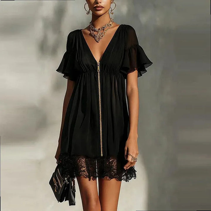 Noelle™ | Cross V-Neck Zip-Up Lace Mini Dress